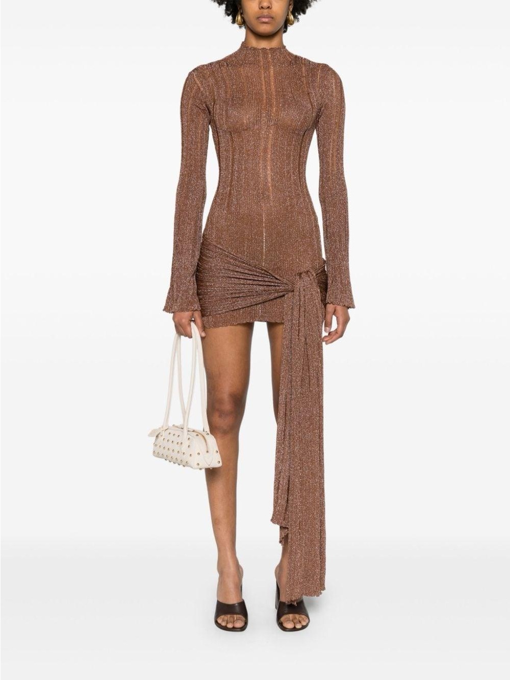 Aya Muse Naku Dress- Brown Metallic Knit Long-Sleeve Mini Dress with Draped Tie